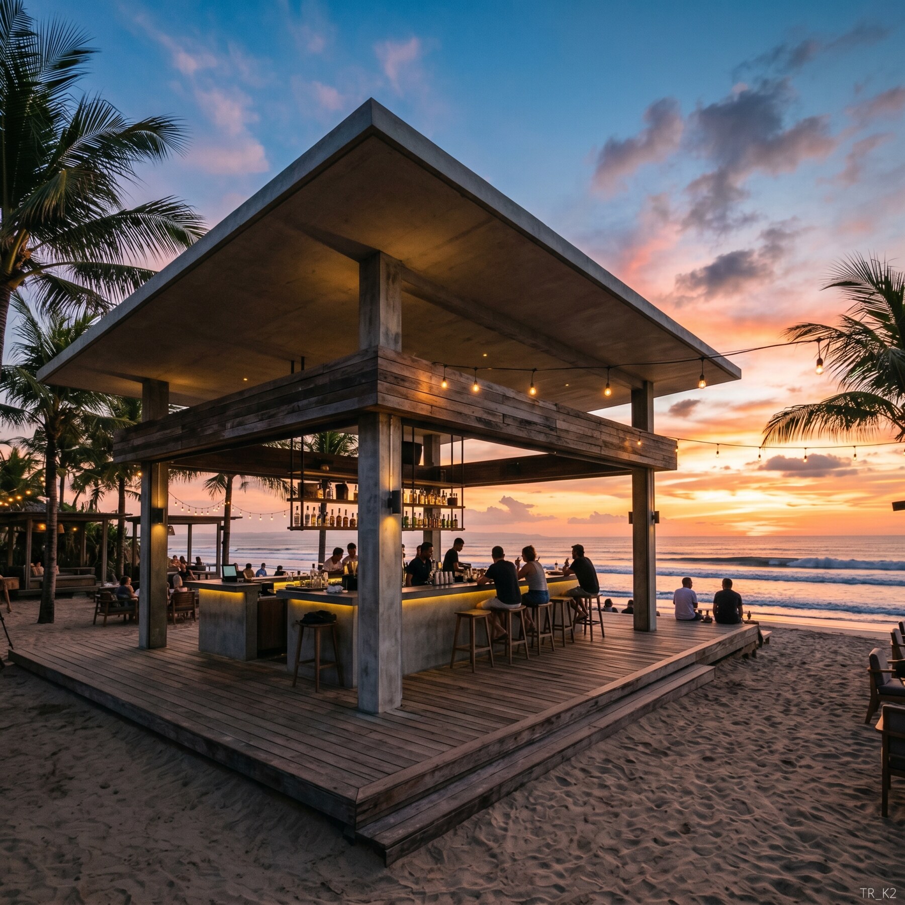 Contemporary beach bar at sunset