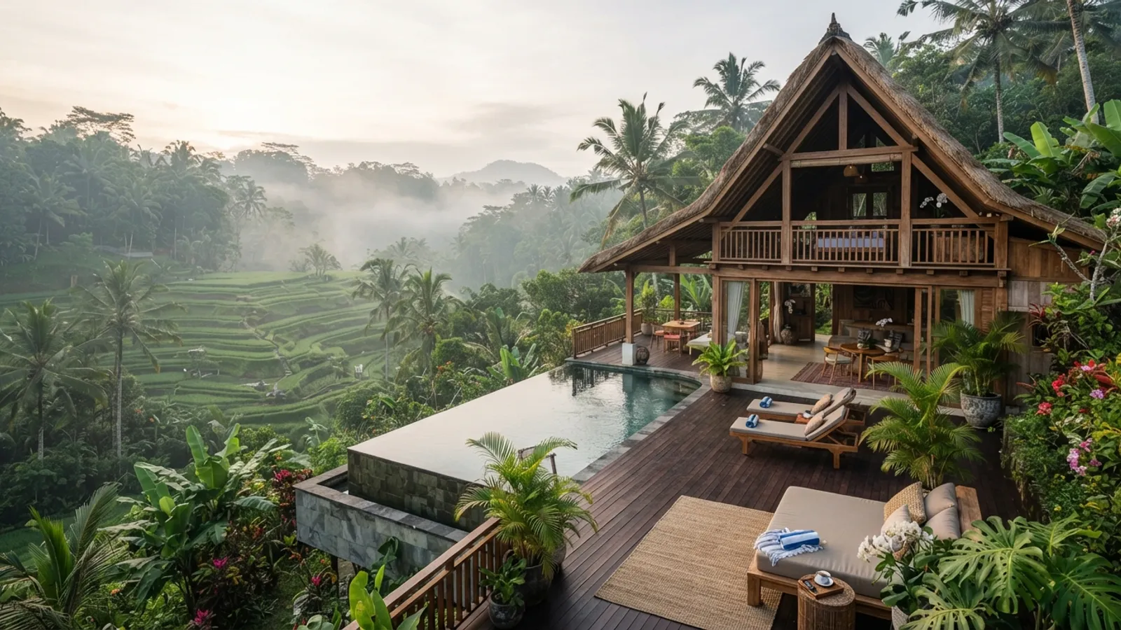 Wooden jungle villa over rice terraces in Ubud, Bali