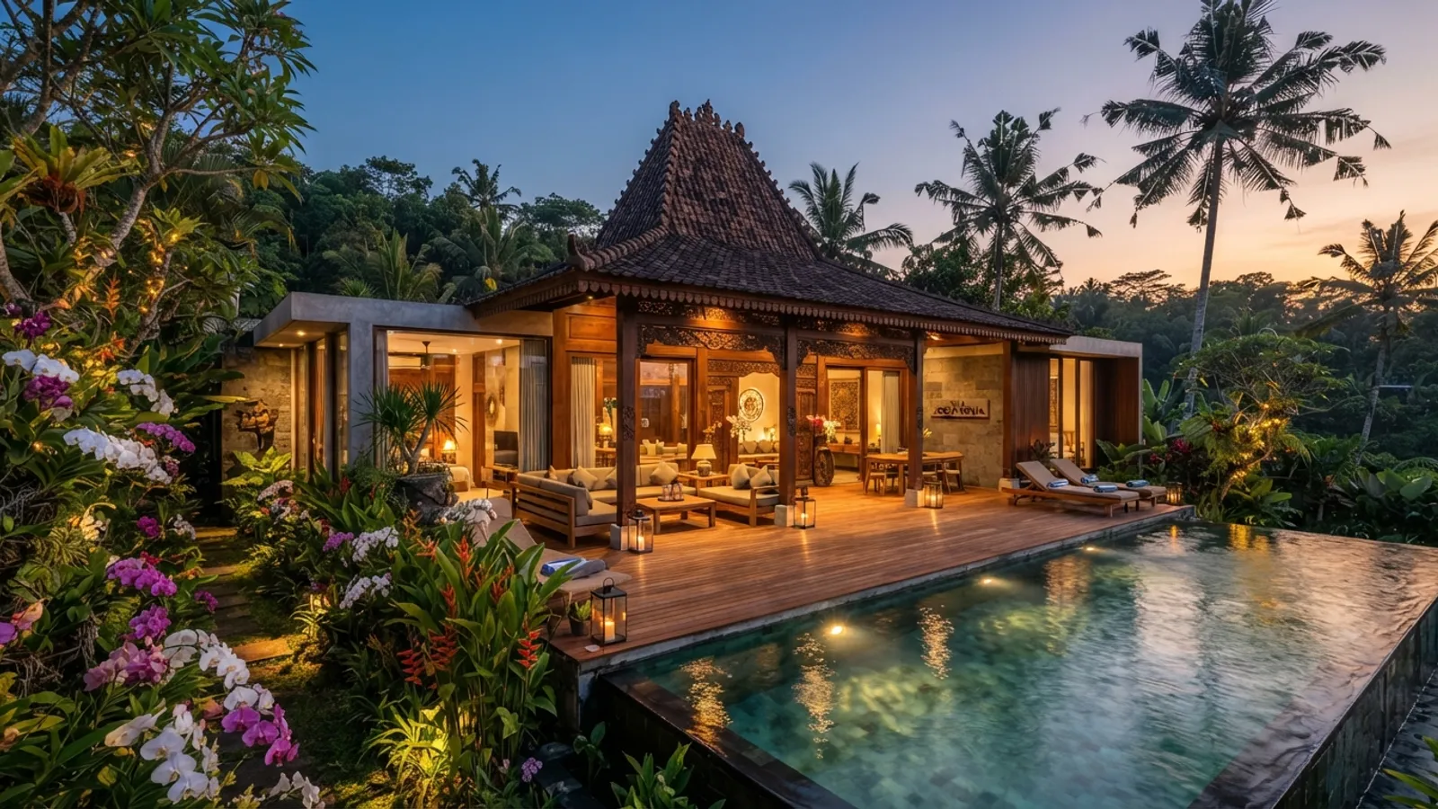 Indonesian villa with traditional joglo roof and tropical garden at dusk