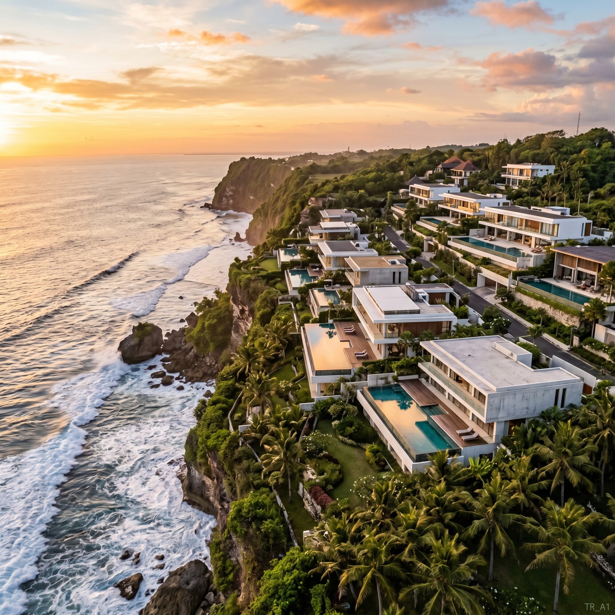Bali coastline at sunset with luxury villas