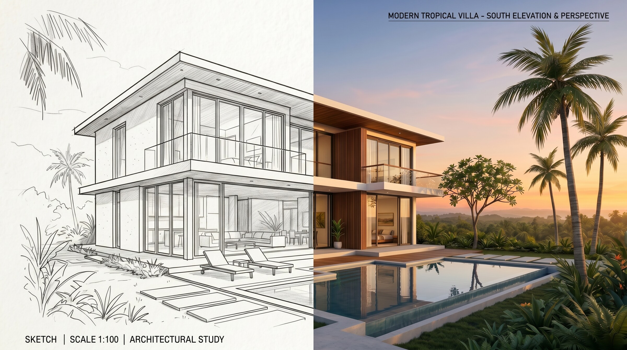 Hand-drawn sketch transformed into photorealistic villa render
