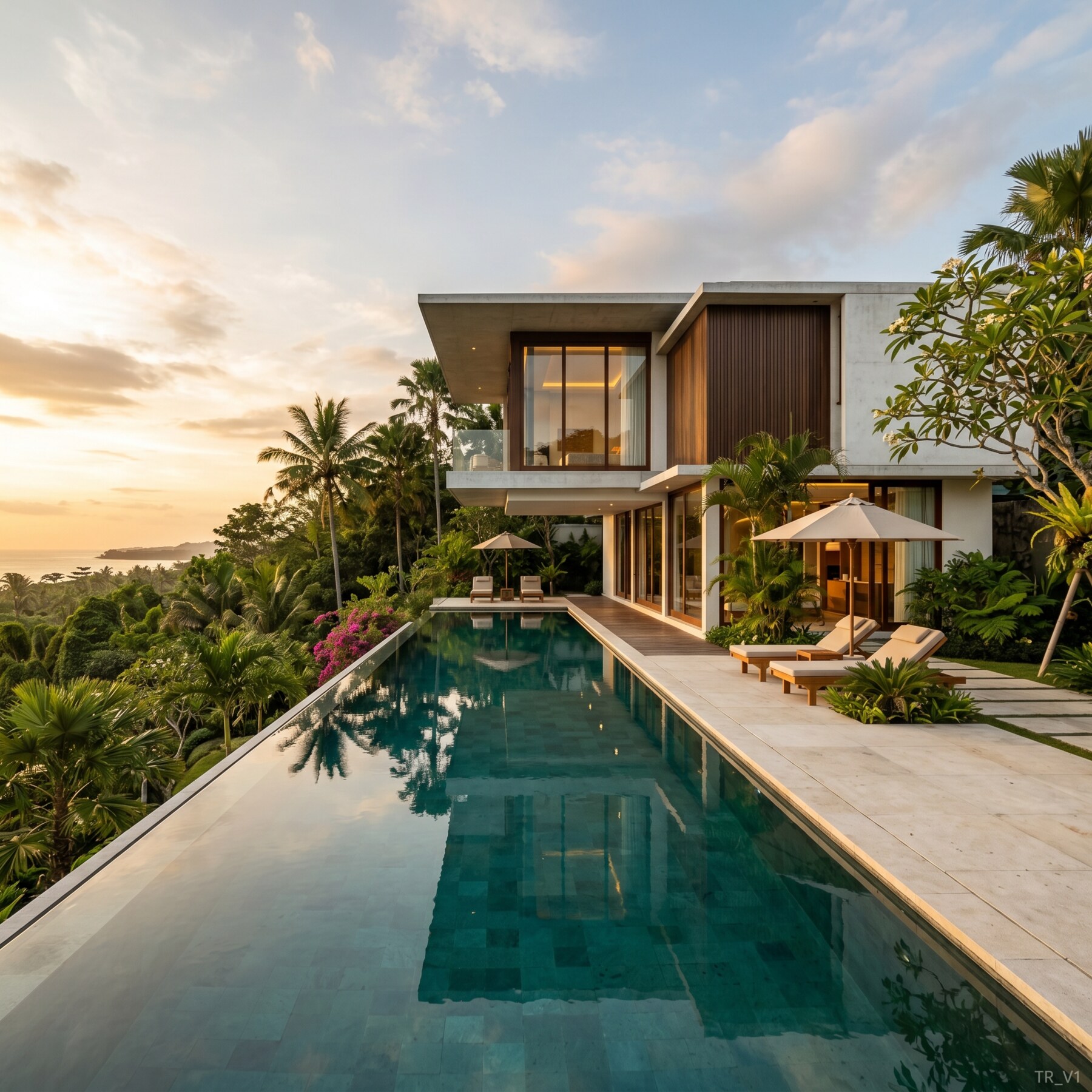 Modern tropical villa at golden hour